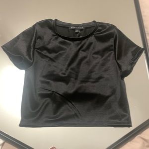 Cropped black shiny glossy stretch mini crop top tee Electra T-shirt brailyn